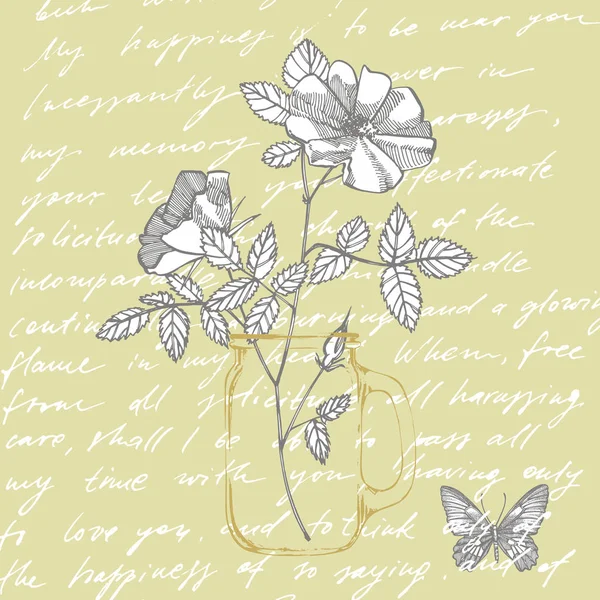 Рисунок цветов дикой розы и набросок иллюстраций. Декоративный цветочный набор для ткани, текстиля, оберточной бумаги, открытки, приглашения, обоев, веб-дизайна. Абстрактный текст — стоковый вектор