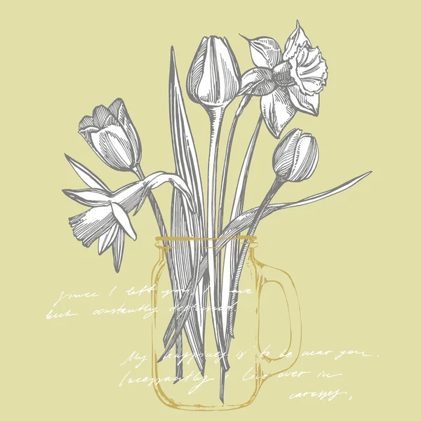 Tulpen en Narcissus bloemen boeket geïsoleerd op witte achtergrond. Set van tekening korenbloemen, florale elementen, hand getekende botanische illustratie. Handgeschreven abstracte tekst — Stockvector
