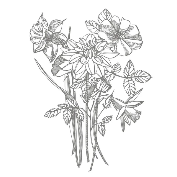 Rosen und Dahlien Blumen Bouquet isoliert auf weißem Hintergrund. Kornblumen, florale Elemente, handgezeichnete botanische Illustrationen. handschriftlicher abstrakter Text — Stockvektor