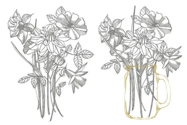 Ramo de flores de tulipanes, rosas y narcisos aislado sobre fondo blanco. Conjunto de dibujos acianos, elementos florales, ilustración botánica dibujada a mano. Texto abstracto manuscrito — Archivo Imágenes Vectoriales