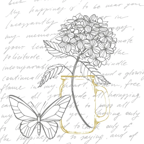 Hortensia grafische illustratie in vintage stijl. Bloemen tekenen en schetsen met lijn-Art op witte achtergronden. Botanische plant illustratie. Handgeschreven abstracte tekst — Stockvector