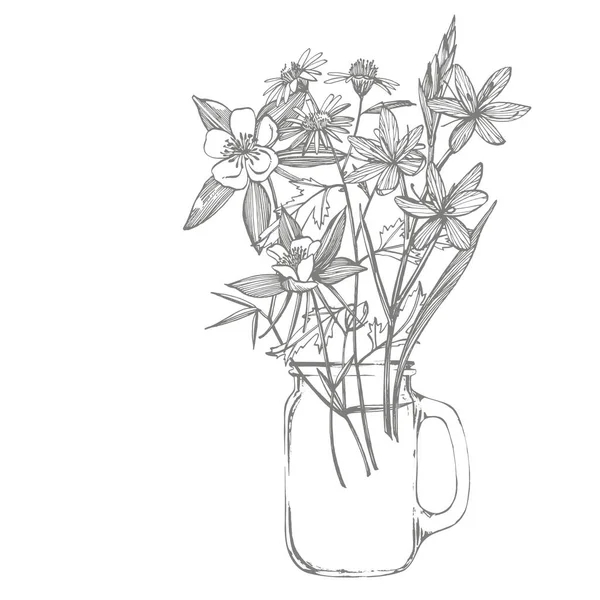 Colección de flores y plantas dibujadas a mano. Botánica. Listos. Flores vintage. Ilustración en blanco y negro al estilo de los grabados — Vector de stock