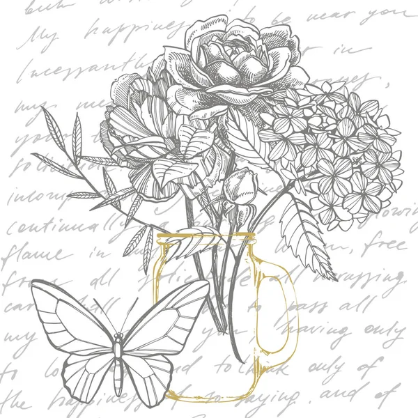 Bouquet. Flores de primavera y ramitas. Peonías, hortensias, rosas. Ilustración botánica vintage. Conjunto de dibujos en blanco y negro de acianos, elementos florales, ilustración botánica dibujada a mano. Escrito a mano — Vector de stock