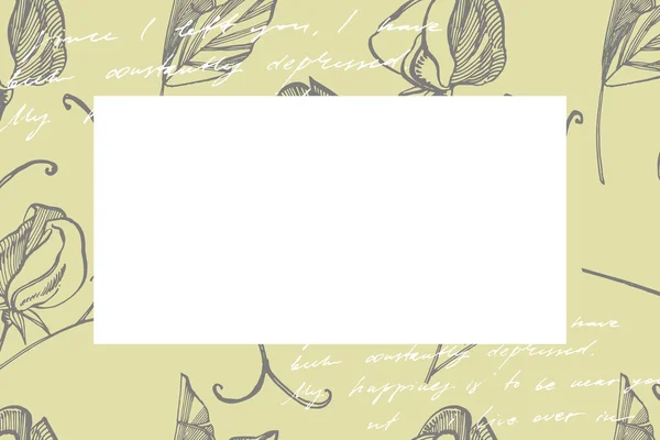 Söta ärt blommor ritning och skiss med Line-art på vit bakgrund. Botaniska växt illustration. Handskriven abstrakt text — Stock vektor