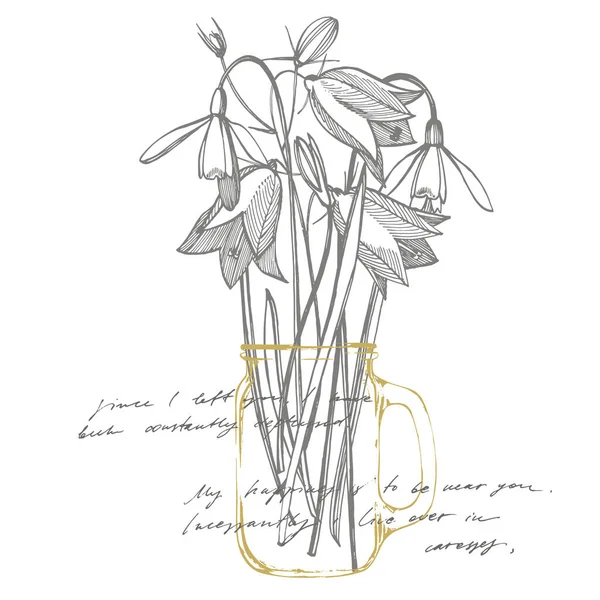 Sinos e neves cai flores. Buquê de flores e ervas desenhadas à mão. Ilustração botânica da planta. Papel de parede texto abstrato manuscrito —  Vetores de Stock