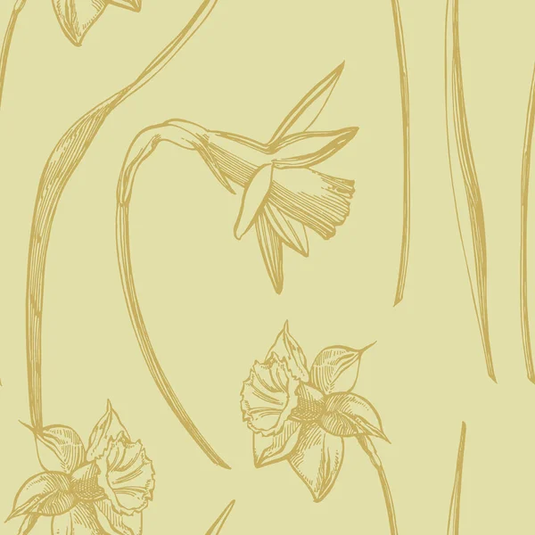 수선화 또는 수선화 꽃 그림. 손으로 그린 흑백 수선화의 컬렉션입니다. 손으로 그린 식물 그림. 원활한 패턴 — 스톡 벡터