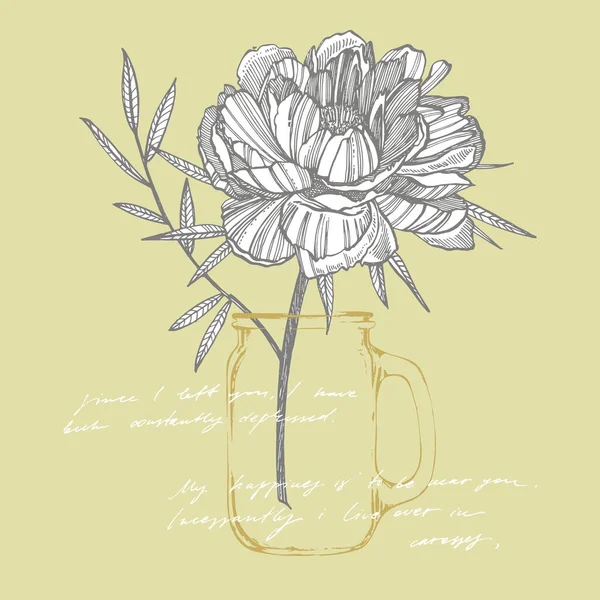 Peony bloem en bladeren tekenen. Hand getrokken gegraveerd Floral set. Botanische illustraties. Geweldig voor tattoo, uitnodigingen, wenskaarten. Handgeschreven abstracte tekst — Stockvector