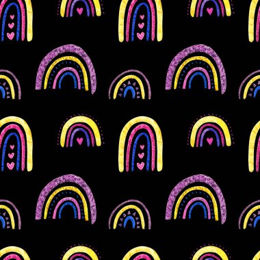 Gökkuşağı klipsi. Bebek gökkuşağı suluboya çizimi. Beyaz arka planda izole edilmiş. Şirin sihirli gökkuşağı, skandi kreş, eğlenceli pembe güzel. Kusursuz desen.