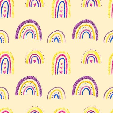 Gökkuşağı klipsi. Bebek gökkuşağı suluboya çizimi. Beyaz arka planda izole edilmiş. Şirin sihirli gökkuşağı, skandi kreş, eğlenceli pembe güzel. Kusursuz desen.