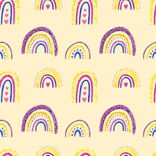 レインボー・クリッパート。かわいい虹色の水彩画。白い背景に隔離されている。かわいい魔法の虹、スキャンディ保育園、楽しいピンク。シームレスなパターン. — ストック写真
