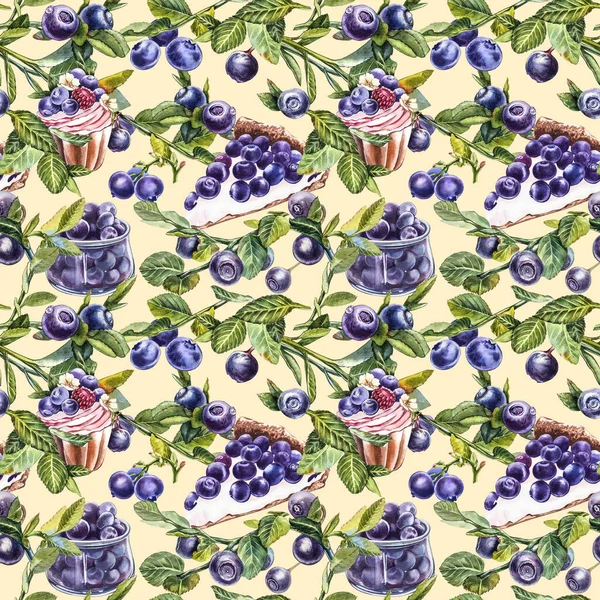 Blueberry. Seamless patterns. Watercolor botanical illustration. Hand drawn watercolor painting blueberry on white background. — Stock Photo, Image