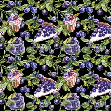 Yabanmersini. Kusursuz desenler. Suluboya botanik illüstrasyon. El çizimi suluboya beyaz zemin üzerine yaban mersini boyama.