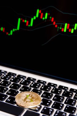 Altın bitcoin paralar grafik arka planı ticari klavye Laptop