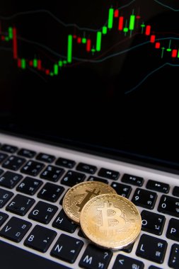 Altın bitcoin paralar grafik arka planı ticari klavye Laptop