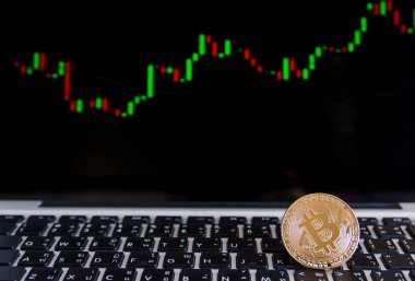 Altın bitcoin paralar grafik arka planı ticari klavye Laptop
