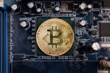 Cryptocurrency altın Bitcoin sikke anakartla, madenci devre kartı ile havuz