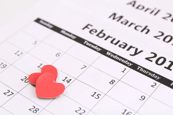 Calendar Page Red Hearts Paper February Valentines Day — Stock Photo, Image