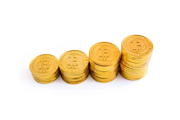 Golden Bitcoin Coins Stack Isolated White Background Clipping Path — Stock Photo, Image