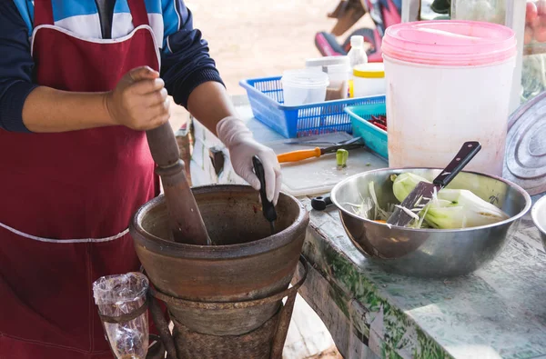 Így Papaya Saláta Egy Mozsárban Som Tam Thai Street Food — Stock Fotó
