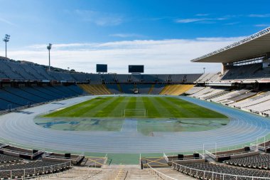 BARCELONA, SPAIN - March 18, 2018: The empty Estadi Olimpic Lluis Companys (Barcelona Olympic Stadium) in Barcelona, Spain. clipart