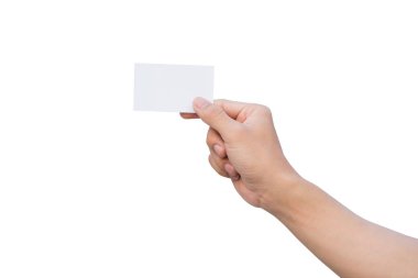 El tutan beyaz kağıt, kartvizit mockup. kırpma yolu ile beyaz arka plan üzerinde izole