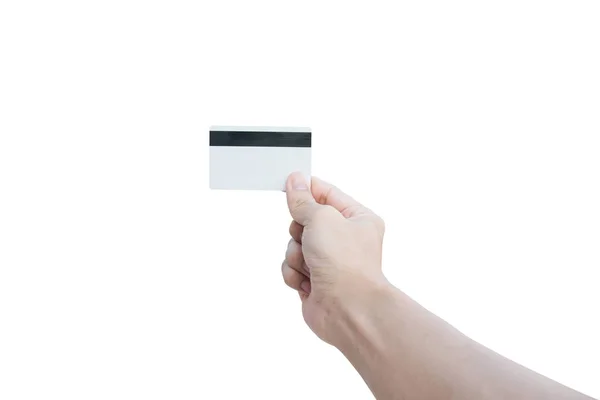 Man Hand Holding White Credit Card Isolated White Background Clipping — Stock Photo, Image