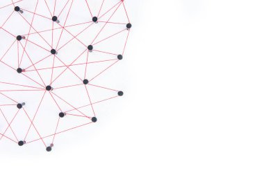 Bağlanma kavramı - ağlar ağ bağlı iplik kırmızı beyaz kağıt kopya alanı ile üzerinde. Simülatörü bağlantı sosyal medya, internet, insanlar iletişim, bağlama varlıklar