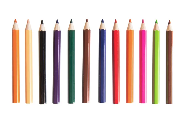 彩色铅笔设置 行木色铅笔隔离在白色背景与剪裁路径 用于绘图的彩色铅笔 — 图库照片