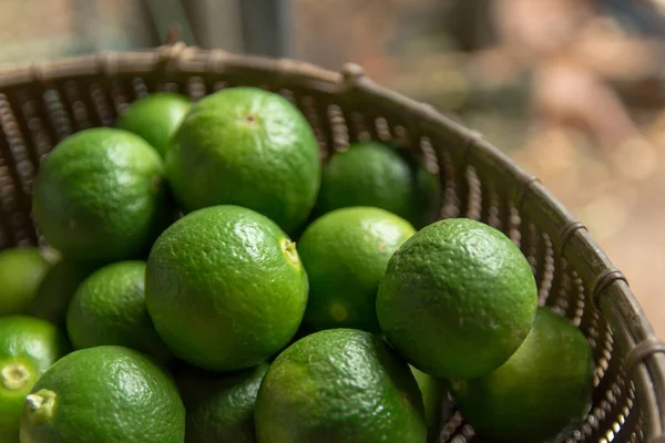 Lime Citrus Fruits Bamboo Basket Background Fresh Juicy Limes Healthy — Stock Photo, Image