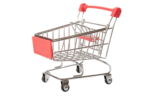 Rood Winkelwagentje Lege Supermarkt Kar Geïsoleerd Een Witte Achtergrond Met — Stockfoto