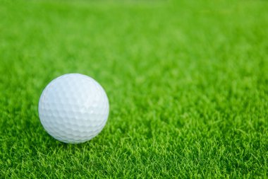 Golf topu üzerinde yeşil çim golf sahasında oynamaya hazır. kopya alanı ile