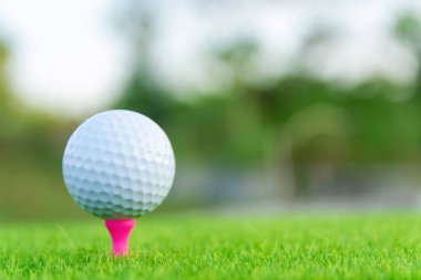 Golf topu yeşil çim üzerinde pembe tee golf cou oynamaya hazır