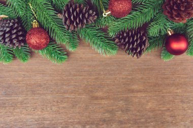 Noel arkaplanı. Firavun ağacı dalları, kırmızı Noel balosu ve 