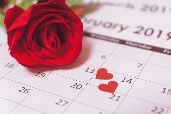 Dia dos Namorados. Rosa vermelha e corações vermelhos na página do calendário Februar — Fotografia de Stock