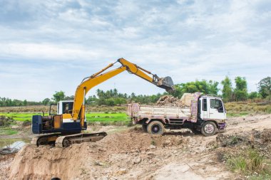 Sarı kazıcı, Const 'taki bir çöp kamyonuna toprak yüklüyor.