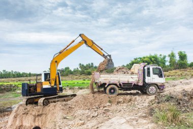 Sarı kazıcı, Const 'taki bir çöp kamyonuna toprak yüklüyor.