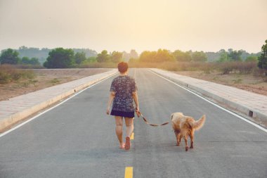 Kamu yolunda yürüyen köpeğiyle gezen bir kadın..