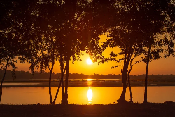 Sonnenuntergang Lichtstrahlen durchdringen die Bäume auf dem See — Stockfoto
