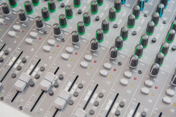 Audio sound mixer control panel.  Sound console buttons for adju — Stock Photo, Image