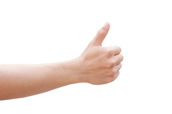 Homem mão mostrando polegares para cima isolado no fundo branco com cli — Fotografia de Stock