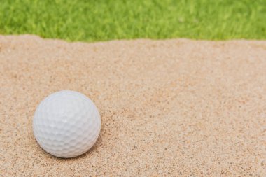 Golf sahasındaki kum sığınağında beyaz golf topu.