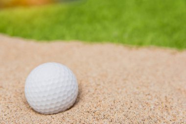 Golf sahasındaki kum sığınağında beyaz golf topu.
