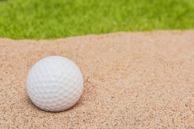 Golf sahasındaki kum sığınağında beyaz golf topu.
