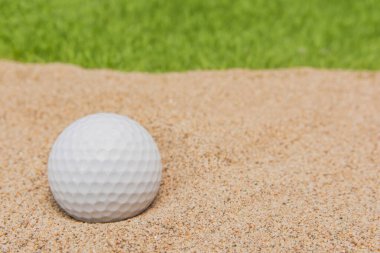 Golf sahasındaki kum sığınağında beyaz golf topu.