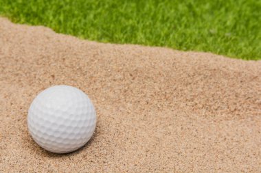 Golf sahasındaki kum sığınağında beyaz golf topu.