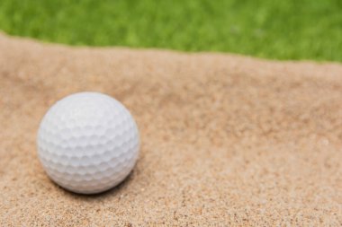 Golf sahasındaki kum sığınağında beyaz golf topu.