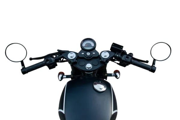 Руль мотоцикла. Вид со стороны водителя, изолированного на белой задней панели — стоковое фото