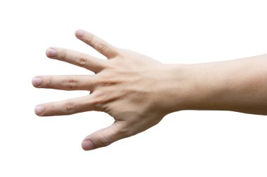 Kırpma yolu olan beyaz arkaplanda elle izole edilmiş bir adam