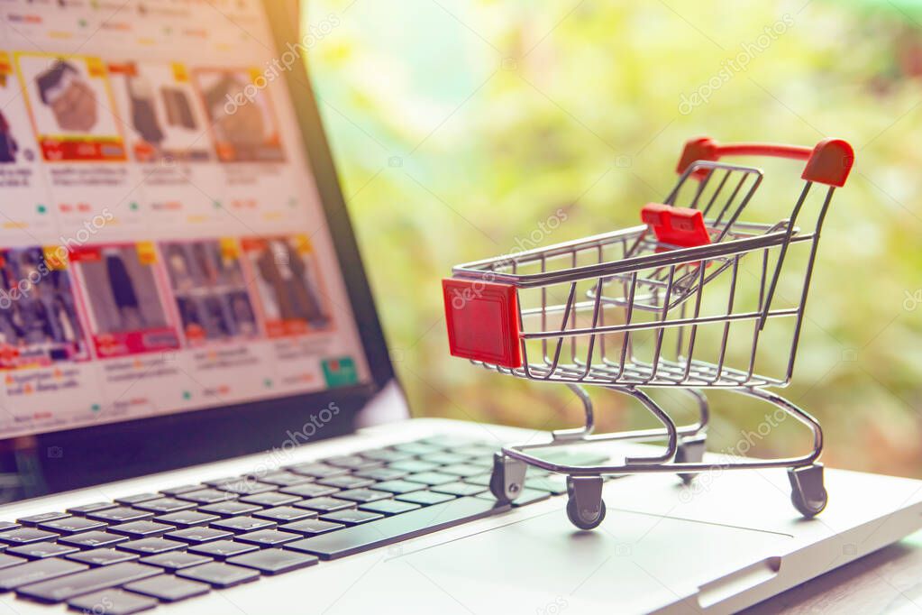 Shopping online concept - shopping cart or trolley on a laptop k