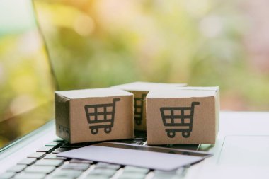 İnternetten alışveriş, kağıt kutular ya da klavyede alışveriş arabası logosu ve kredi kartı olan bir paket. İnternet üzerinden alışveriş hizmeti sunuyor..